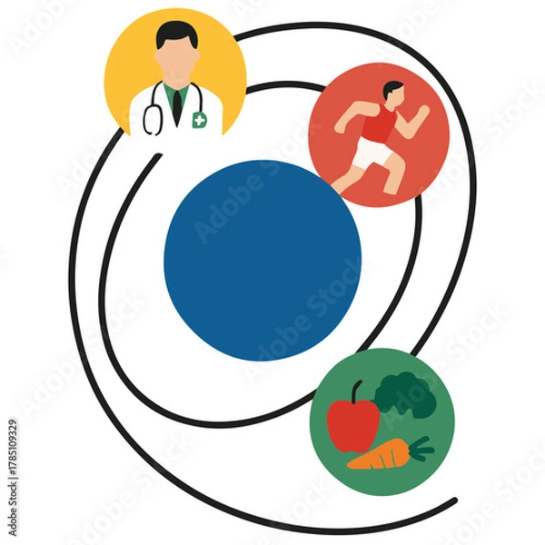 Fototapeta Blue diabetes circle turning into solar system, with people, doctors, sports, and nutrition planets, symbol of unity and health