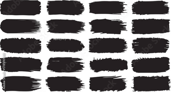 Fototapeta A diverse collection of 24 distinct black brush stroke elements perfect for adding artistic flair and texture to graphic design projects and illustrations