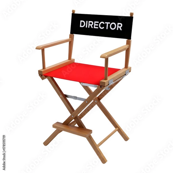 Fototapeta Classic wooden director s chair with red fabric seat and backrest labeled director isolated on transparent background