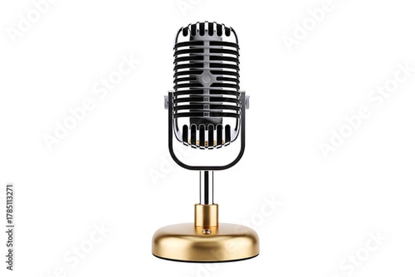 Fototapeta Vintage retro microphone with a gold base and black body isolated on transparent background