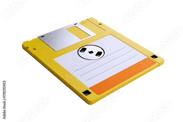 Fototapeta Retro yellow 3 5 inch floppy disk with label and shutter isolated on transparent background