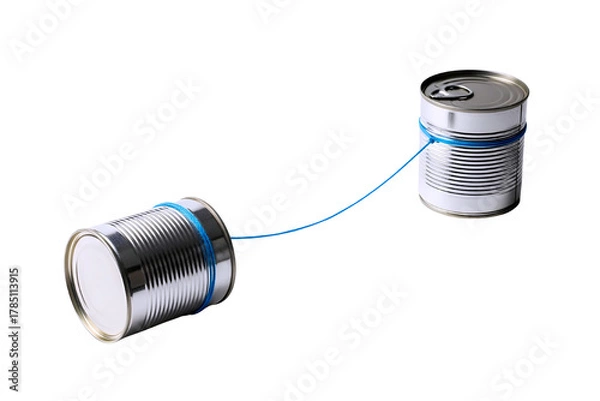 Fototapeta Two tin can telephones connected by a string showing communication and connection isolated on transparent background