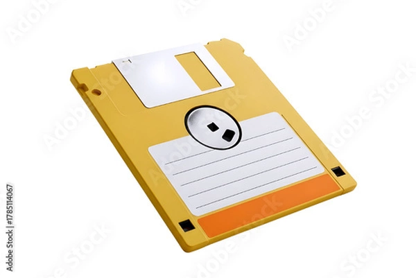 Fototapeta Retro yellow floppy diskette for data storage and computer technology from the past isolated on transparent background