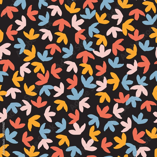 Obraz Multicolored abstract leaves seamless repeat pattern. Random placed, vector botany aop, all over surface print on black background.