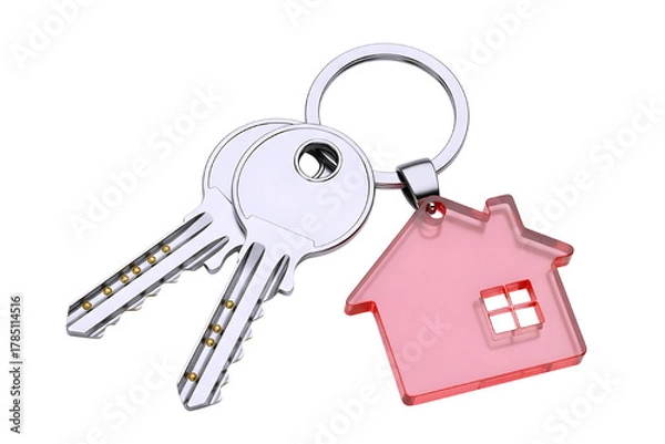 Fototapeta Silver house keys with a pink house shaped keychain isolated on transparent background