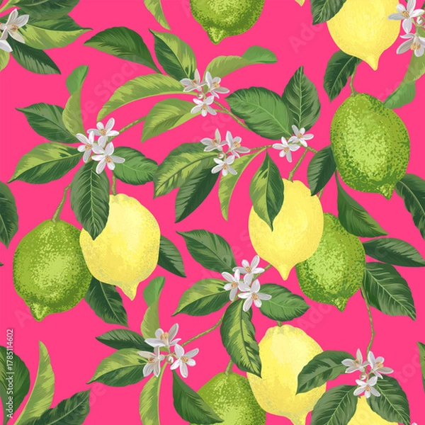 Obraz Lemon citrus vector pattern. Botanical vector illustration. Summer background. Floral design.	
