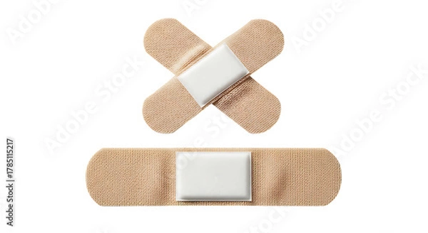 Fototapeta Beige medical adhesive plasters in a strip and cross shape for wound care and treatment