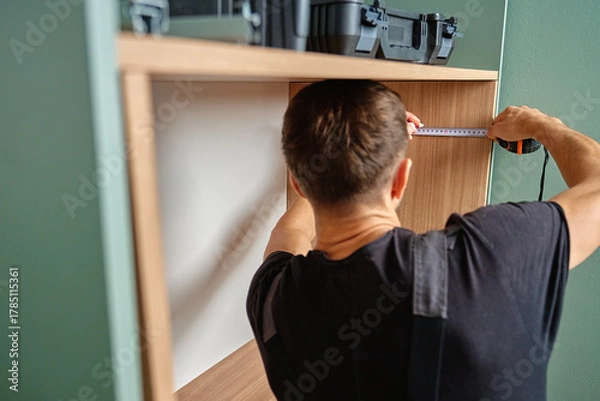 Fototapeta Man measuring wooden cabinet, using measuring tape and pencil to mark panel during home furniture assembly