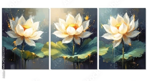 Fototapeta A captivating triptych canvas art print showcasing serene white lotus flowers in full bloom, creating a calming and elegant focal point for any living space