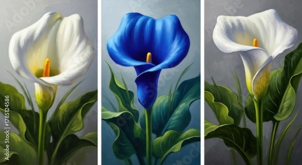 Fototapeta Elegant triptych of vibrant calla lilies in white and striking blue hues