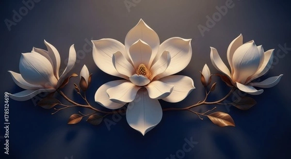Fototapeta Delicate white magnolia blossoms adorn a dark moody background with subtle lighting