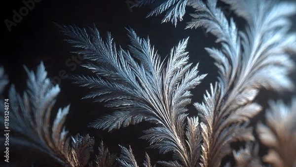 Fototapeta Winter's Delicate Art: Intricate Frost Patterns on Glass, Shimmering with Ethereal Light Against a Dark Background, Showcasing Nature's Crystalline Beauty in Macro Detail.