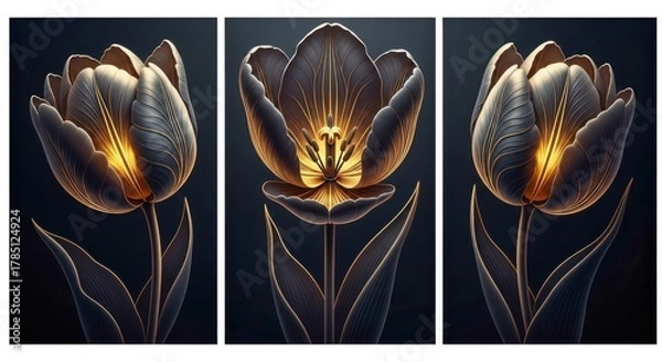 Fototapeta Three illuminated tulips glow with warm light against a dark moody background