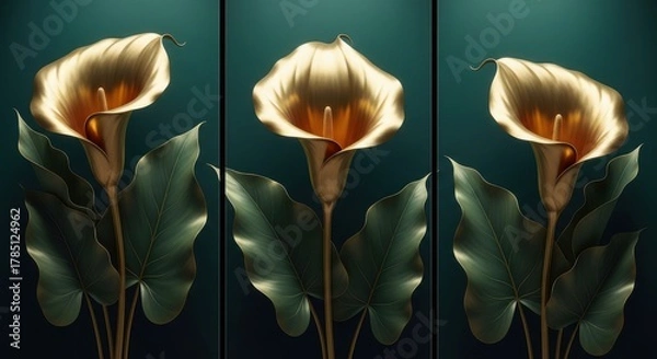 Fototapeta Elegant golden calla lilies illuminated against a dark teal background in a vertical triptych
