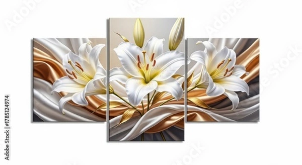 Fototapeta Elegant white lilies adorned with flowing silken ribbons on a textured background