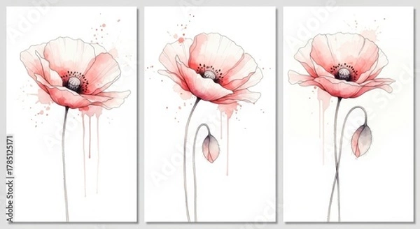 Fototapeta Delicate watercolor poppies bloom in a triptych panel art display