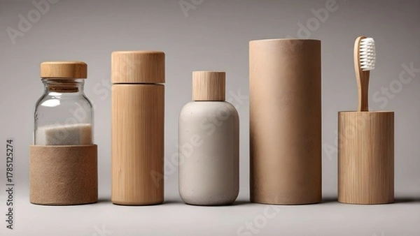 Fototapeta A collection of eco-friendly and sustainable personal care products and packaging, featuring natural materials like bamboo, glass, and stone, promoting conscious living.