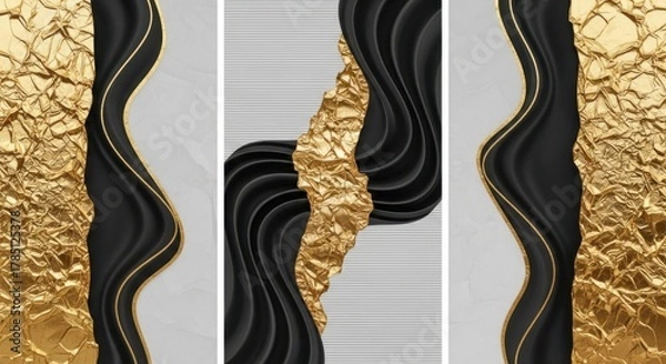 Fototapeta Abstract triptych art featuring textured black waves and gilded gold accents on a light background
