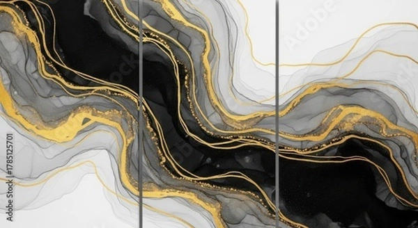 Fototapeta Abstract black and gold fluid art with marbling and swirling textures