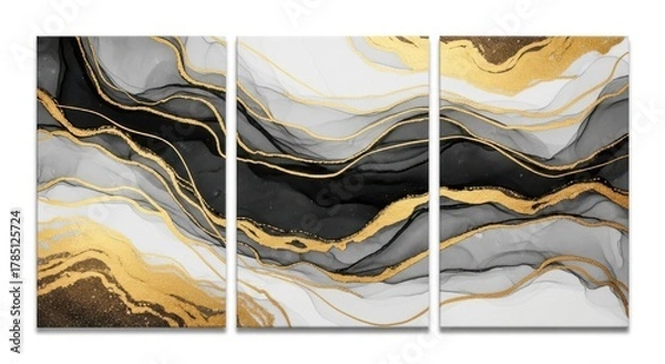 Fototapeta Elegant triptych wall art featuring abstract swirls of black gray white and gold