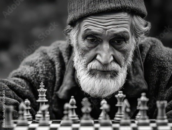 Fototapeta An old man is playing a chess.