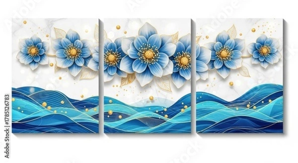 Fototapeta Abstract blue floral waves triptych wall art with golden accents and textured background
