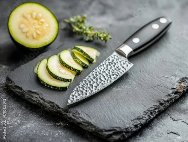 Fototapeta A sliced cucumber on the black board with a knife.