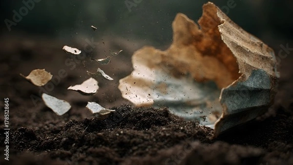 Fototapeta Fragile Decay: Crumbling Pot Fragments in Rich, Dark Soil