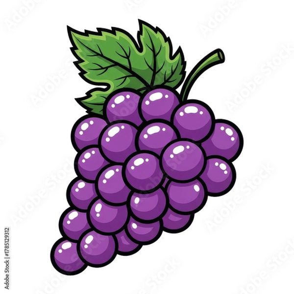 Fototapeta Cartoon illustration of a bunch of purple grapes with a green leaf, set against a white background, emphasizing bold colors.
