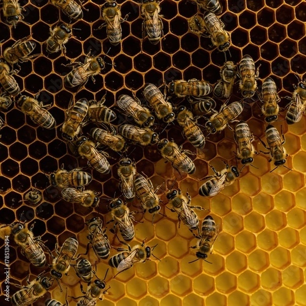 Obraz Swarm of industrious bees working together on the wax comb structure, depicting collaboration, teamwork, productivity, and organization ,cell ,cooperation ,teamwork