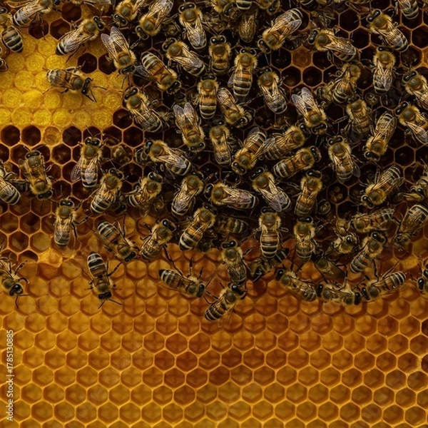 Fototapeta Swarm of industrious bees working together on the wax comb structure, depicting collaboration, teamwork, productivity, and organization ,golden ,bees ,busy