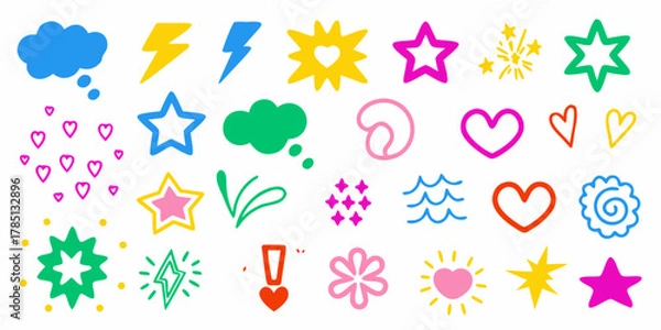 Fototapeta Collection of colorful hand drawn icons and symbols including hearts stars lightning bolts and thought bubbles