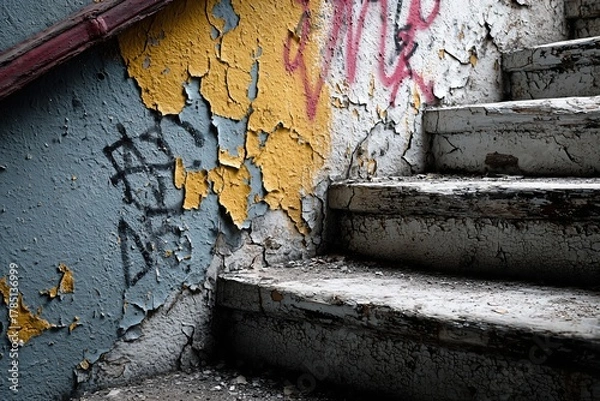 Fototapeta Peeling Painted Stairs with Graffiti