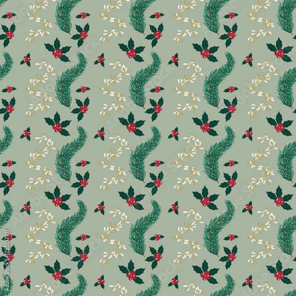 Fototapeta Merry Christmas Seamless Pattern. Botanical Foliage Festive Ornament Illustration. Green Pine Branches Holly Leaves Berries Vector. Fabric Textile Wallpaper Wrapping.