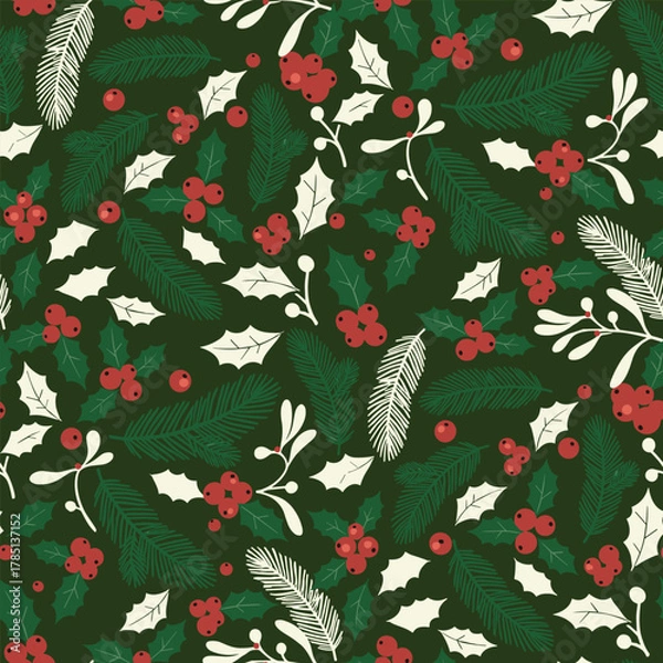 Fototapeta New Year Christmas Seamless Pattern. Botanical Foliage Winter Holiday Illustration. Green Pine Holly Leaves Red Berries Vector. Fabric Textile Wallpaper. Wrapping Paper.