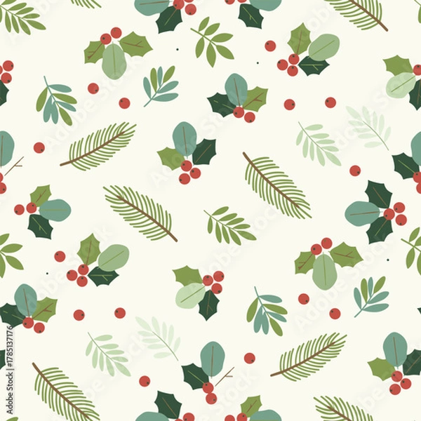 Fototapeta New Year Christmas Seamless Pattern. Botanical Foliage Winter Holiday Illustration. Green Pine Holly Leaves Red Berries Vector. Fabric Textile Wallpaper. Wrapping Paper.