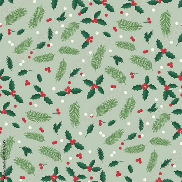 Fototapeta Holiday Botanical Foliage Seamless Pattern. Christmas Illustration Green Pine Branches. Holly Red Berries Vector. Perfect Fabric Textile Wallpaper Wrapping Paper Design.