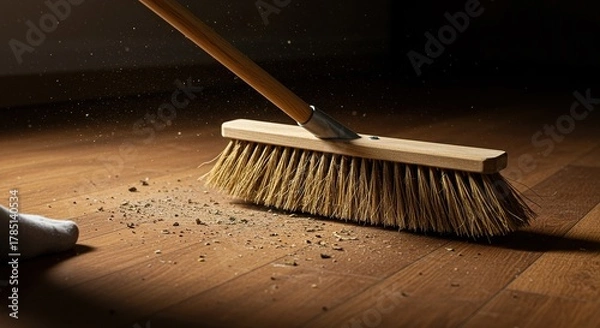 Fototapeta Sweeping dust and debris across a wooden floor surface using a traditional straw broom, capturing the essential household chore of cleaning ,utility ,debris ,essential
