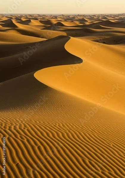 Fototapeta Sweeping golden desert landscape with endless rolling sand formations, bathed in warm sunlight, creating a serene and timeless vista ,environment ,adventure ,nature