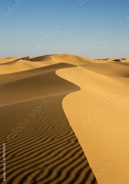 Fototapeta Sweeping golden dunes stretch endlessly under a clear sky, forming gentle undulations across a vast, unbroken natural landscape ,immense ,endless ,horizon