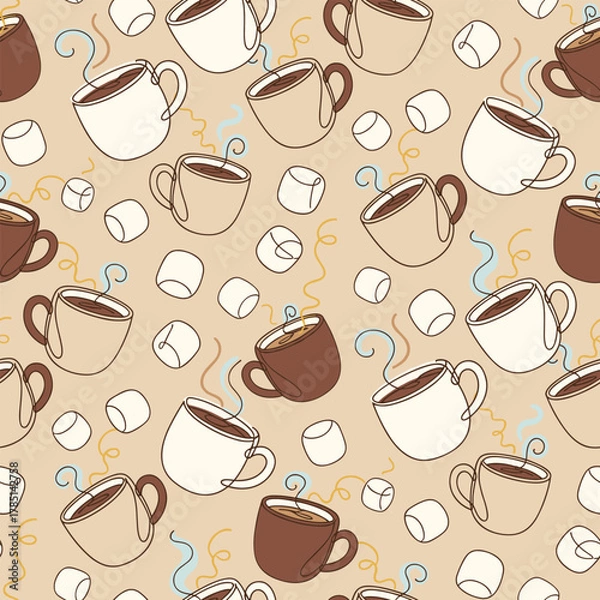 Fototapeta Merry Christmas Pattern Vector. Seamless Pattern Winter Background with Mugs, Marshmallows and Lines for Textile Print background.