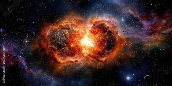Fototapeta Cosmic collision: fiery explosion of celestial bodies in deep space