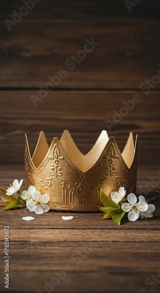 Fototapeta Symbolic representation of Easter triumph showing a golden crown and spring blossoms on a wooden background ,gold ,golden ,easter