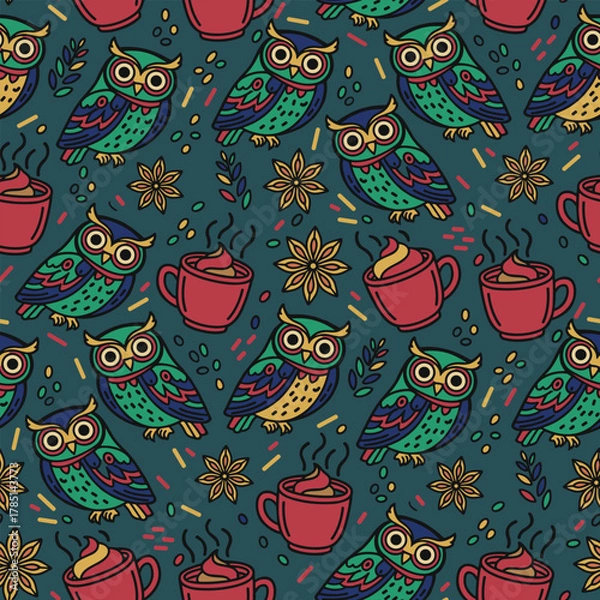 Fototapeta Christmas Owl Pattern Vector. Seamless Animal Pattern Background with Owl, Hot Chocolate Mug and Star Anise. for packaging, print paper, and fabric