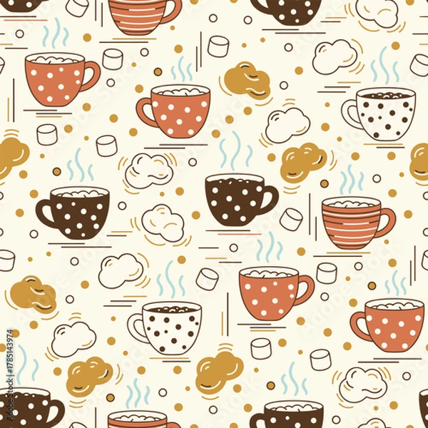 Fototapeta Merry Christmas Pattern Vector. Seamless Pattern Winter Background with Mugs, Marshmallows and Lines for Textile Print background.