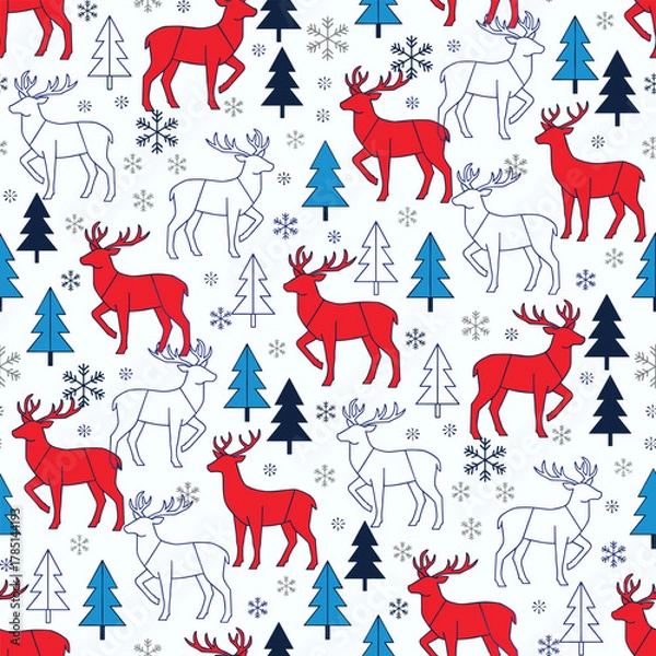 Fototapeta Minimalist Christmas Pattern Vector. Seamless Pattern Holiday Background with Reindeer, Pine Trees and Snowflakes. for Textile Print background.