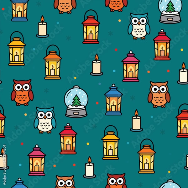 Fototapeta Christmas Pattern Vector. Seamless Christmas Lantern Pattern with Owl. Merry Christmas Seamless Pattern Background.