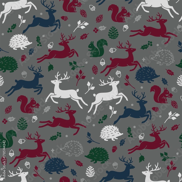 Fototapeta Christmas Woodland Animals Pattern Vector. Seamless Forest Pattern Background with Reindeer, Squirrel and Hedgehog.