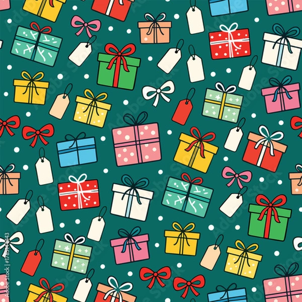 Fototapeta Christmas Pattern Vector. Seamless Christmas Present Pattern with Bow and Ribbon. Merry Christmas Gifting Seamless Pattern Background. Perfect for textile, wallpaper or print design.