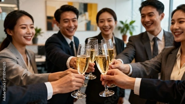 Fototapeta Explode with victorious energy as a dynamic team raises toasts in a modern office, sealing a major business milestone with infectious enthusiasm and unbreakable professional bonds